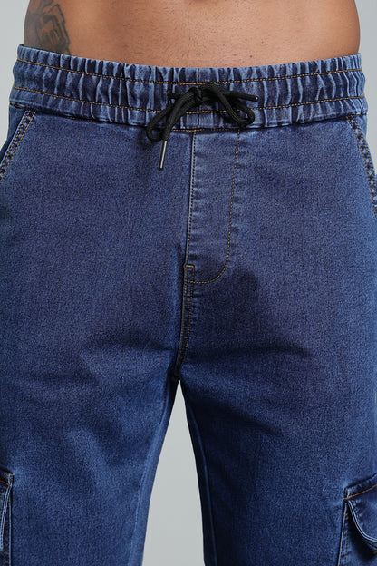 Men's Blue Denim Cargo Joggers - 6 Pocket Utility Fit