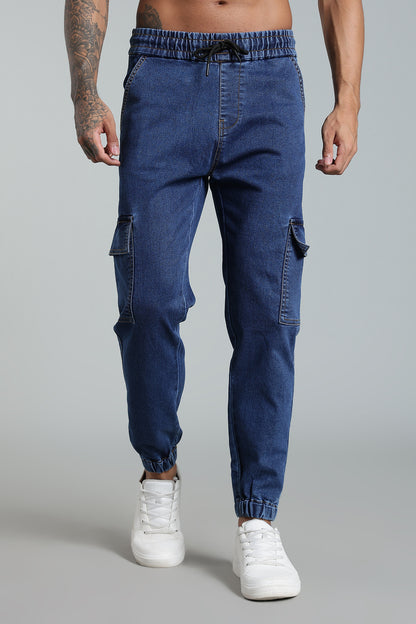 Men's Blue Denim Cargo Joggers - 6 Pocket Utility Fit