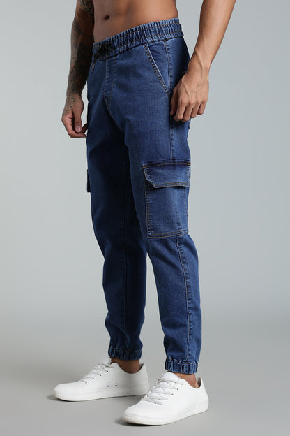 Men's Blue Denim Cargo Joggers - 6 Pocket Utility Fit
