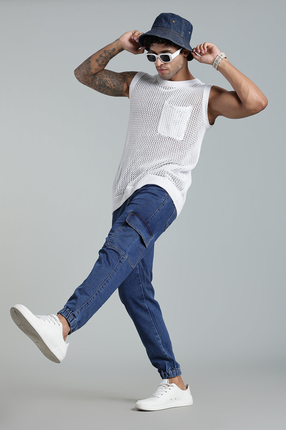 Men's Blue Denim Cargo Joggers - 6 Pocket Utility Fit