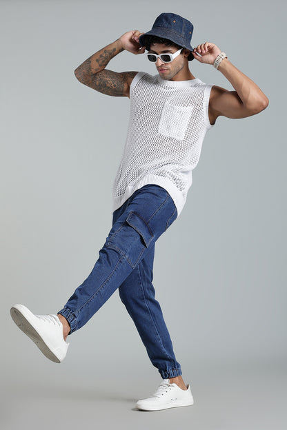 Men's Blue Denim Cargo Joggers - 6 Pocket Utility Fit