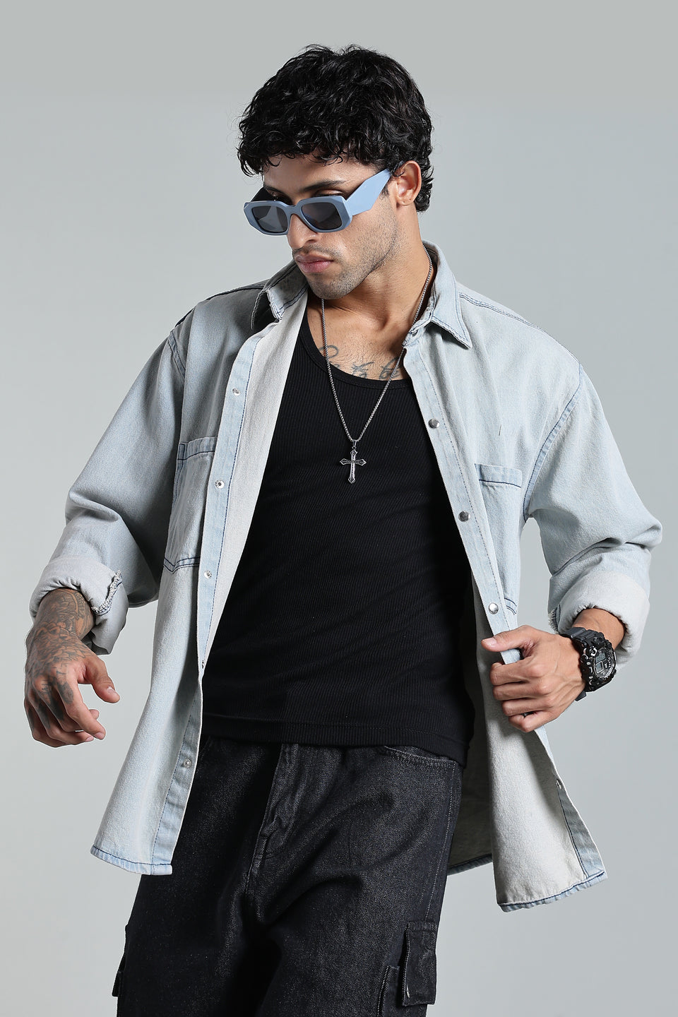 Men’s Vintage Blue Denim Shirt – Oversized Utility Fit