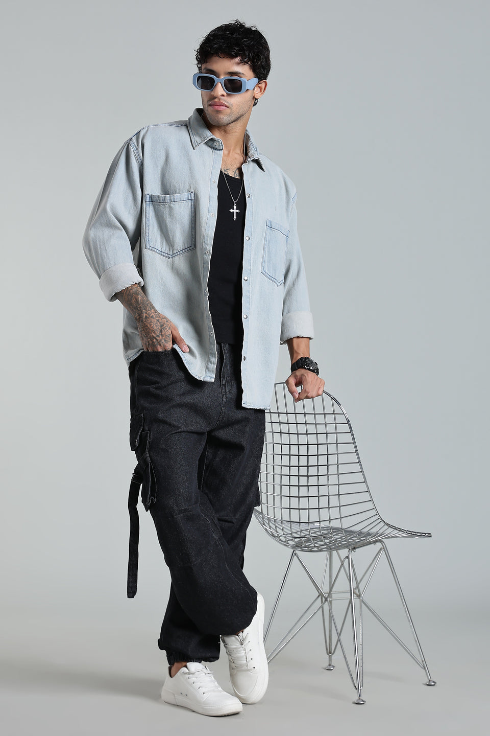 Men’s Vintage Blue Denim Shirt – Oversized Utility Fit