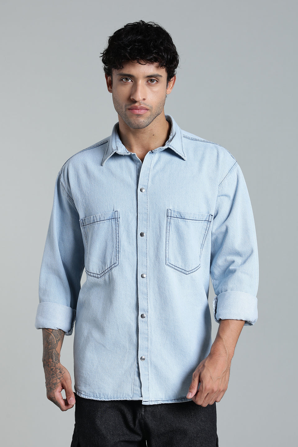 Men’s Light Blue Denim Shirt – Oversized Utility Fit