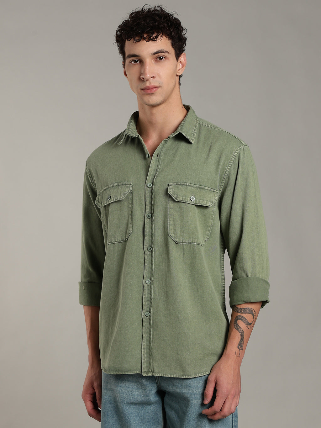 Double Flap Pocket Shirt- Relax/Baggy Fit - Green