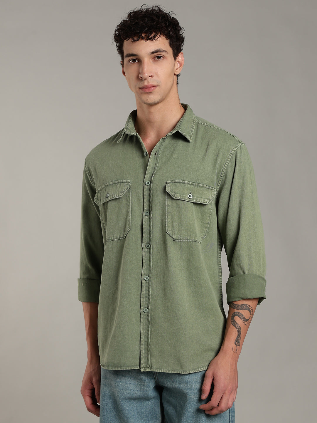 Double Flap Pocket Shirt- Relax/Baggy Fit - Green