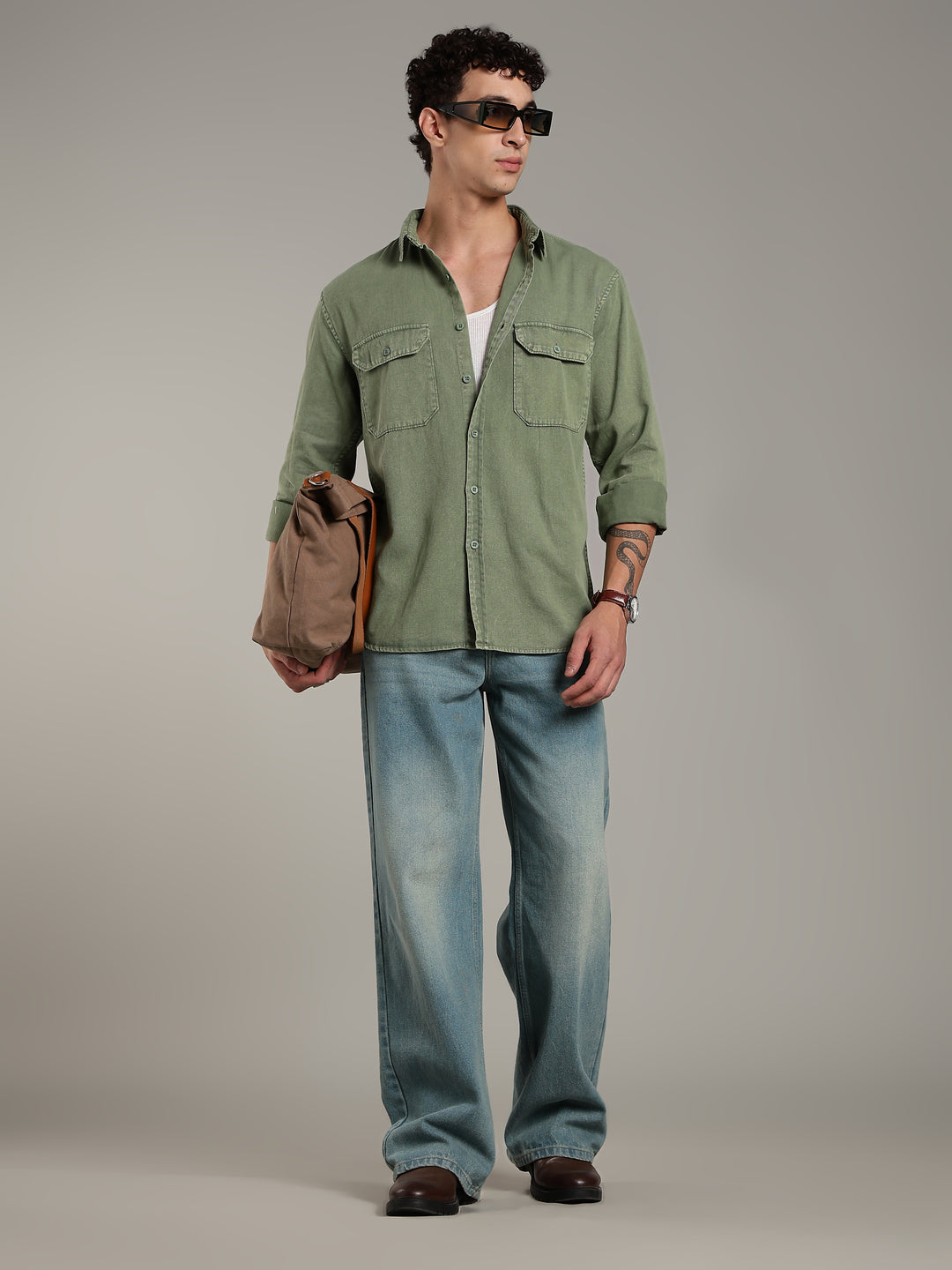 Double Flap Pocket Shirt- Relax/Baggy Fit - Green