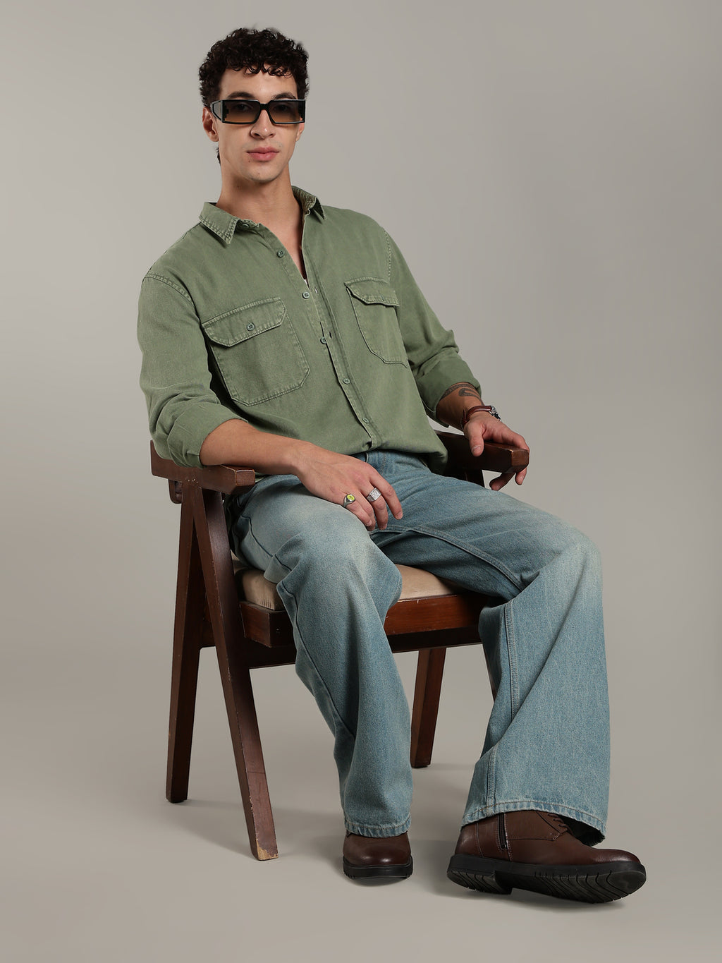 Double Flap Pocket Shirt- Relax/Baggy Fit - Green