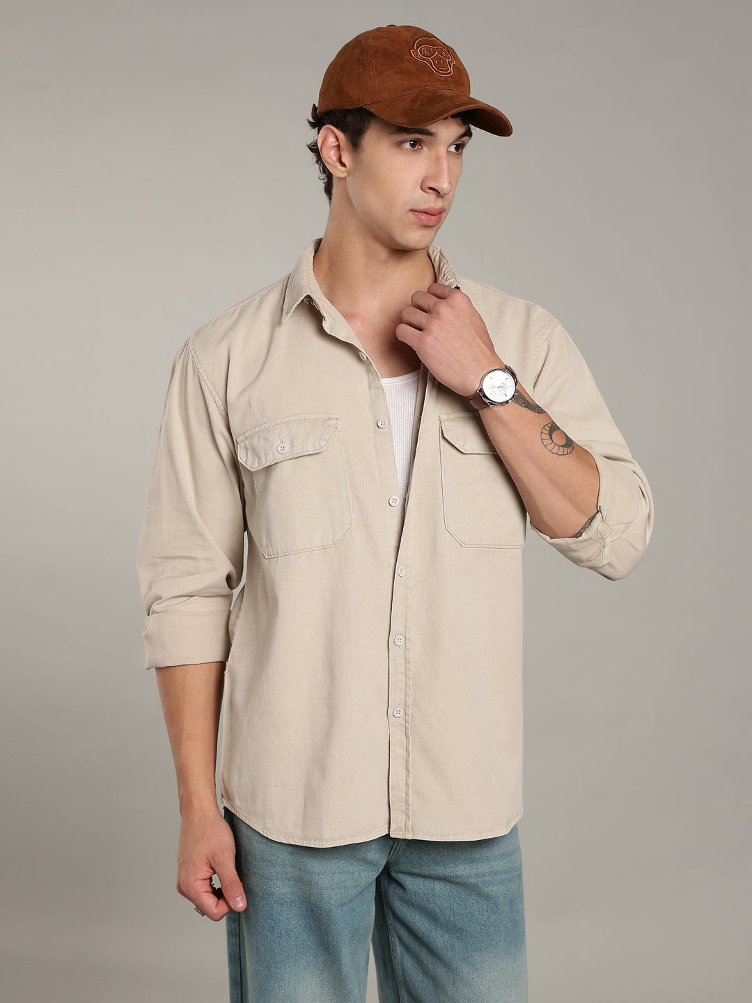 Double Flap Pocket Shirt- Relax/Baggy Fit - Beige
