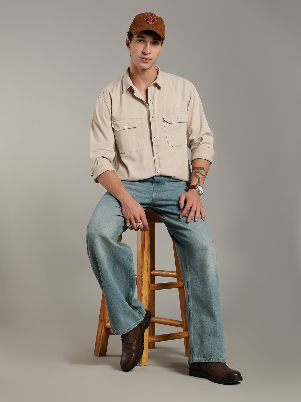 Double Flap Pocket Shirt- Relax/Baggy Fit - Beige