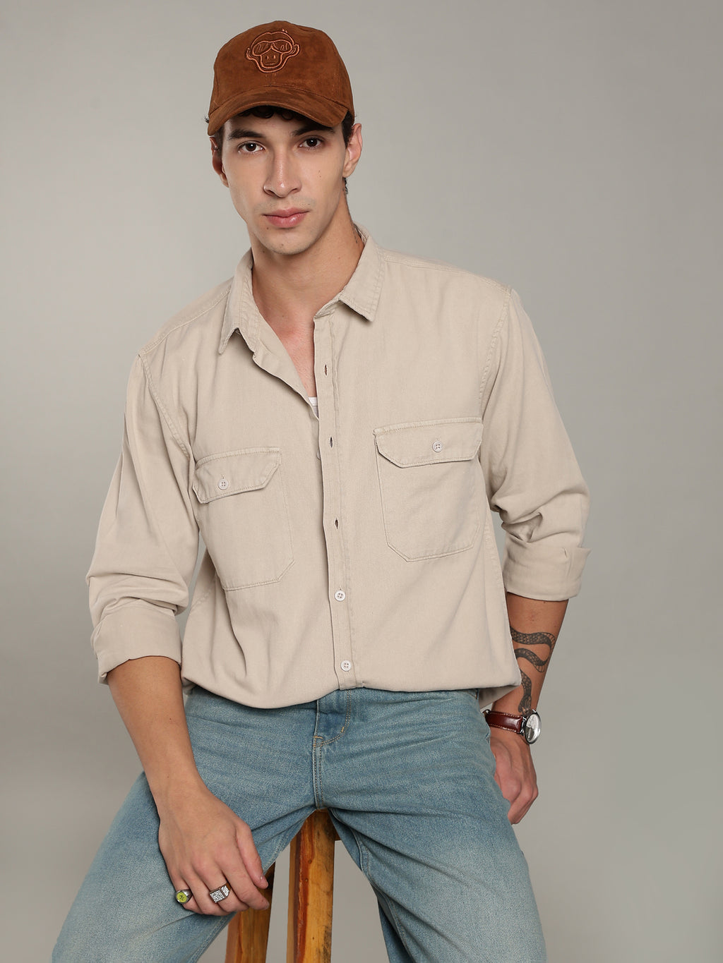 Double Flap Pocket Shirt- Relax/Baggy Fit - Beige