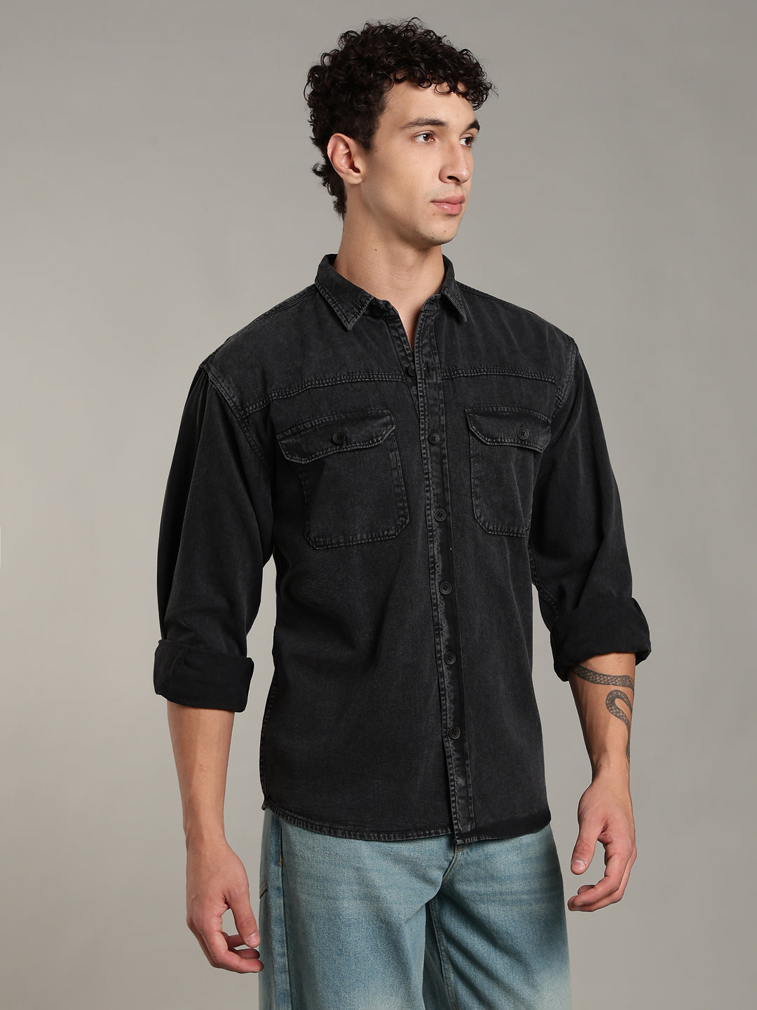 Double Flap Pocket Shirt- Relax/Baggy Fit - Charcoal