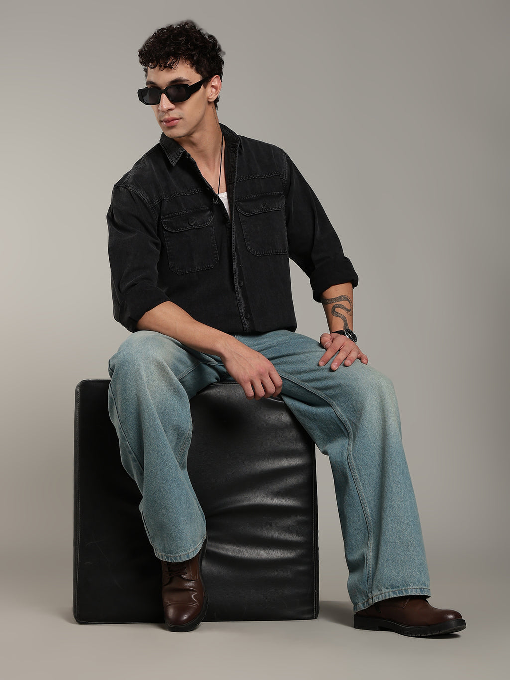 Double Flap Pocket Shirt- Relax/Baggy Fit - Charcoal