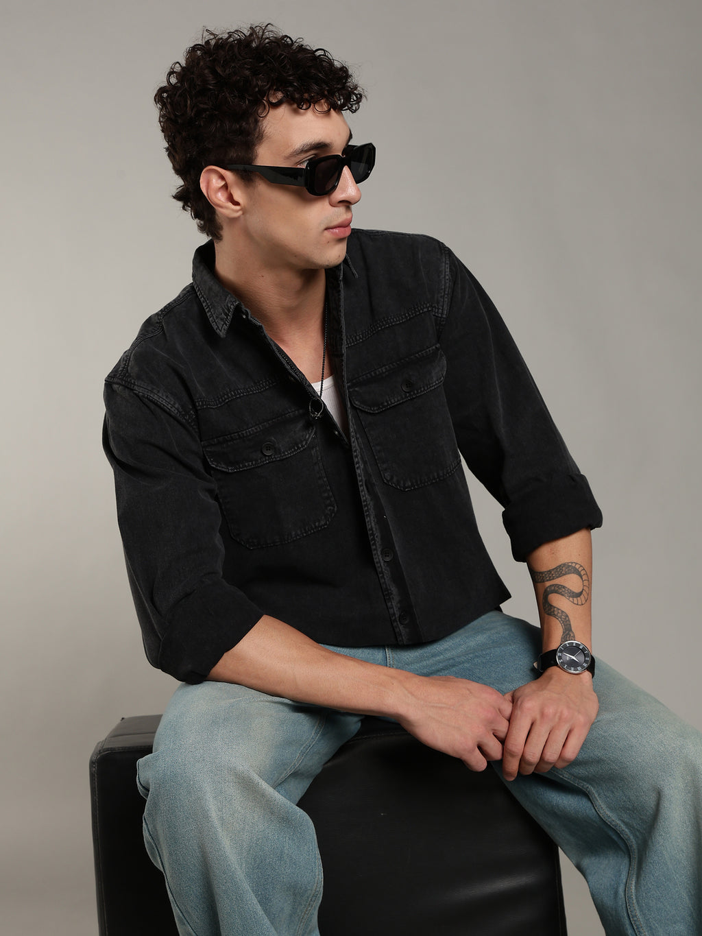 Double Flap Pocket Shirt- Relax/Baggy Fit - Charcoal