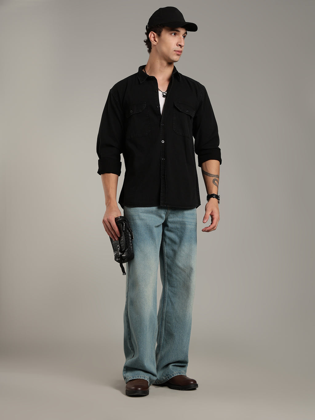 Double Flap Pocket Shirt- Relax/Baggy Fit - BLACK