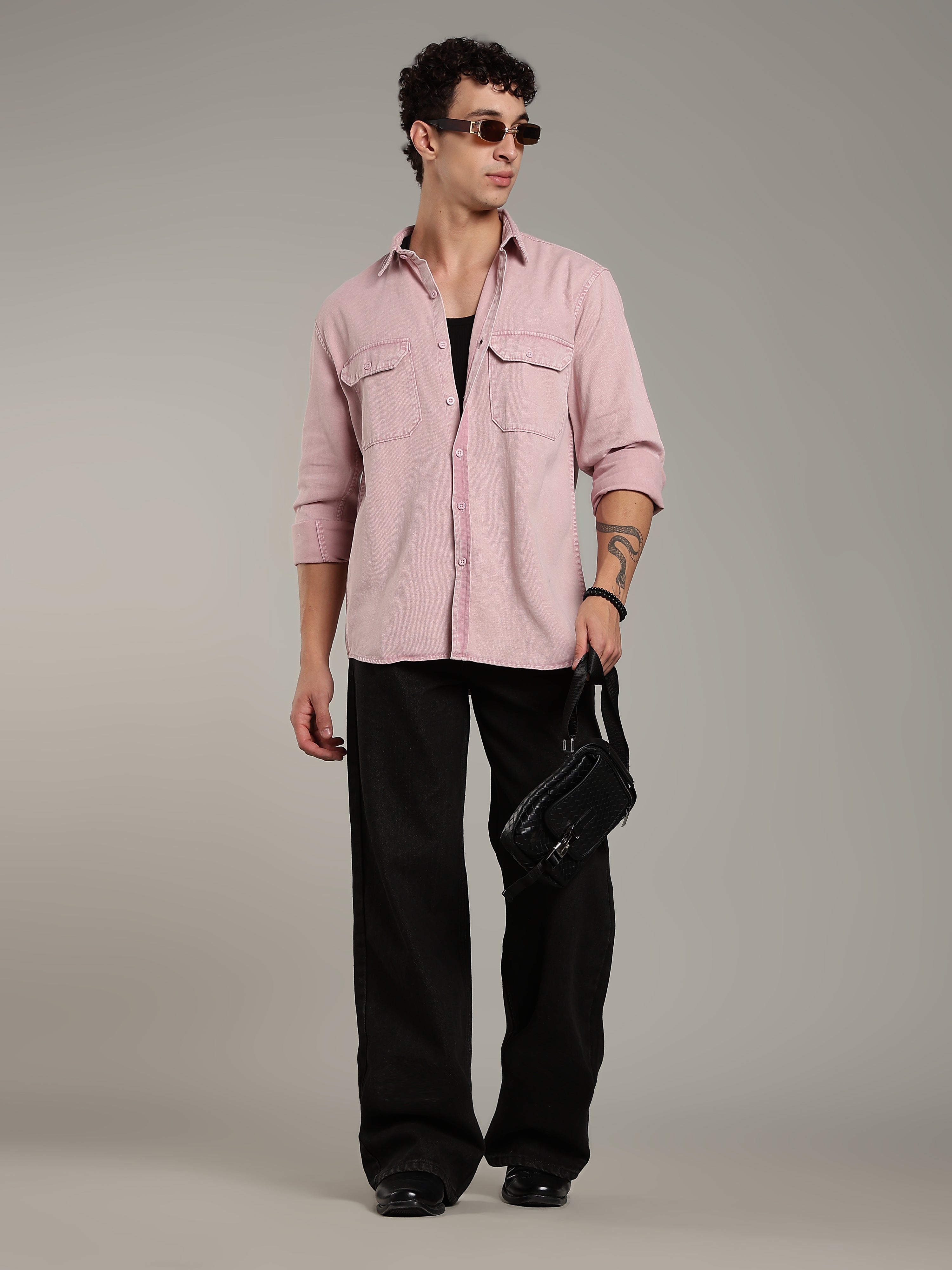 Double Flap Pocket Shirt- Relax/Baggy Fit - Pink