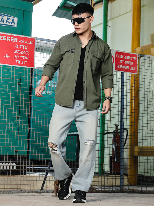 Solid  Green Cotton Shirt | Dual Pocket | Regular Fit