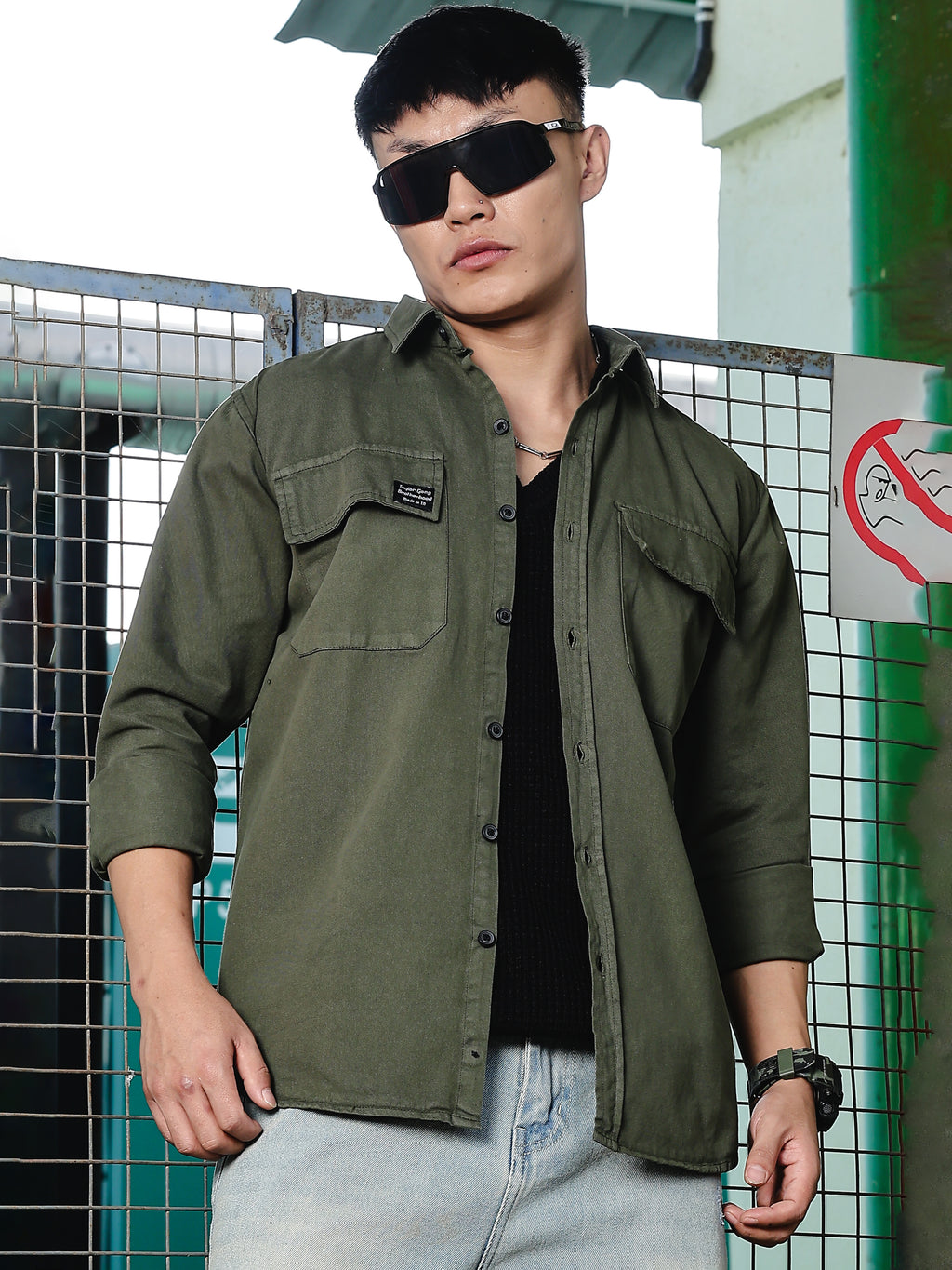 Solid  Green Cotton Shirt | Dual Pocket | Regular Fit