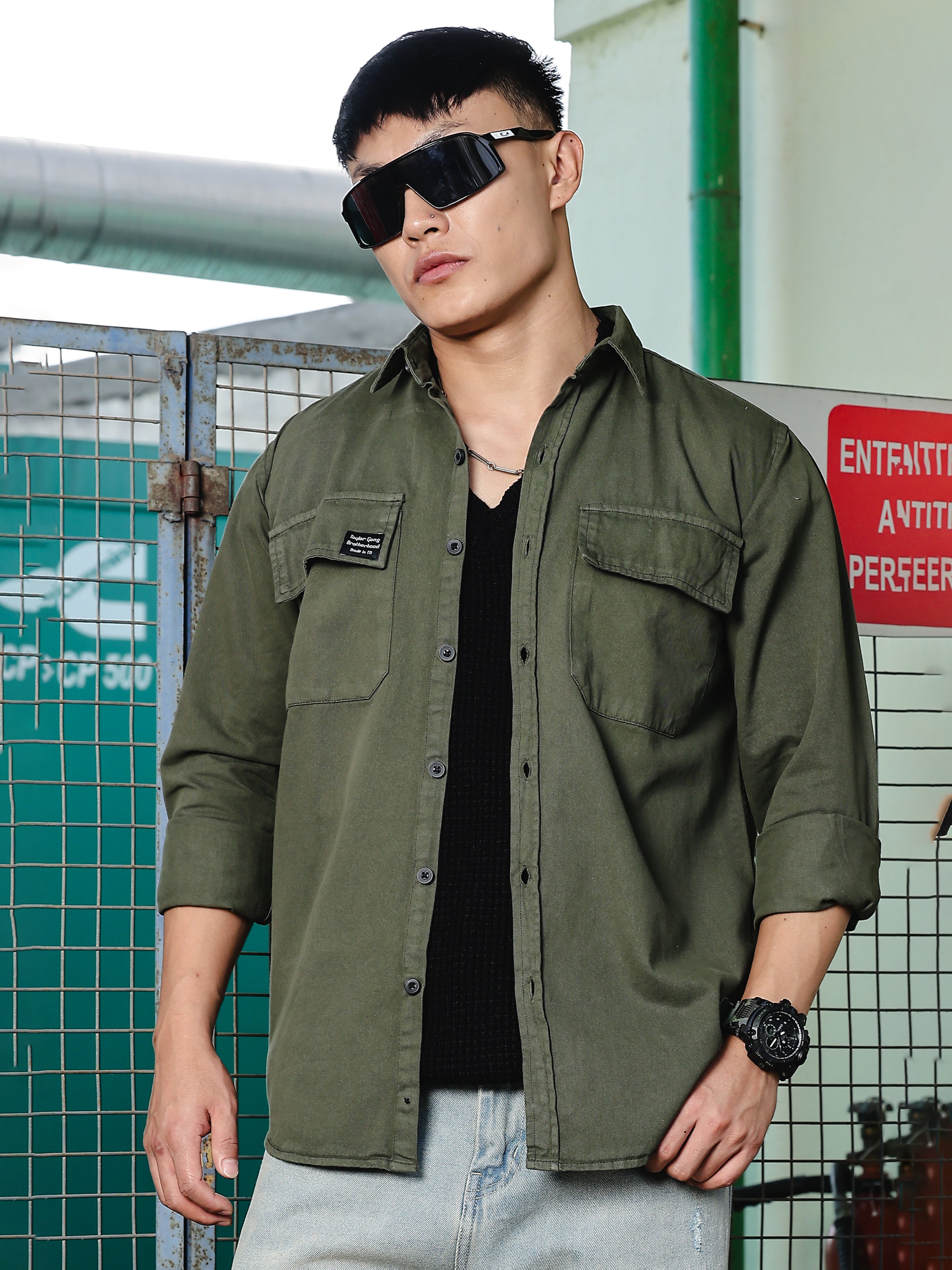 Solid  Green Cotton Shirt | Dual Pocket | Regular Fit