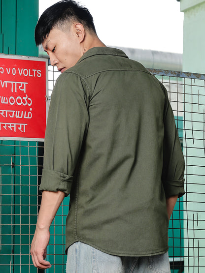 Solid  Green Cotton Shirt | Dual Pocket | Regular Fit