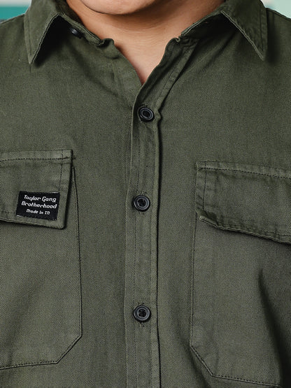 Solid  Green Cotton Shirt | Dual Pocket | Regular Fit