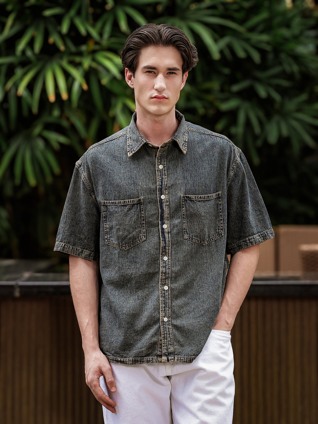 Boxy Fit Denim Shirt | Indigo-Brown