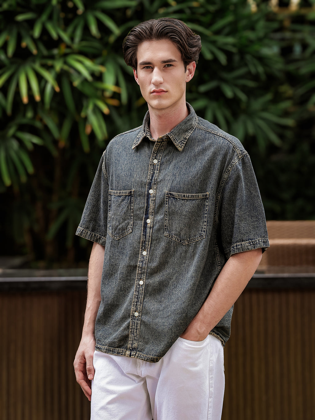 Boxy Fit Denim Shirt | Indigo-Brown