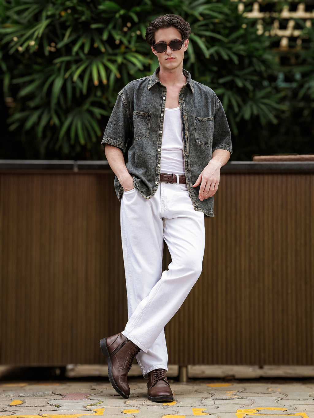Boxy Fit Denim Shirt | Indigo-Brown