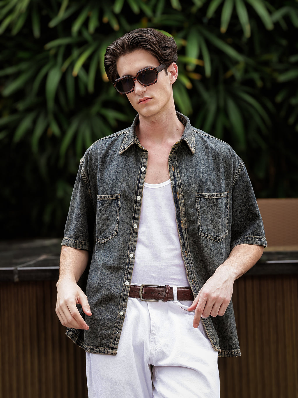 Boxy Fit Denim Shirt | Indigo-Brown