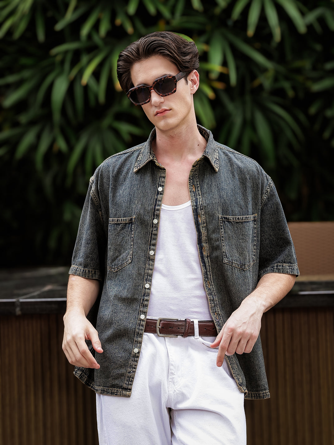 Boxy Fit Denim Shirt | Indigo-Brown