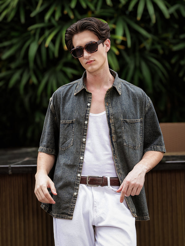 Boxy Fit Denim Shirt | Indigo-Brown