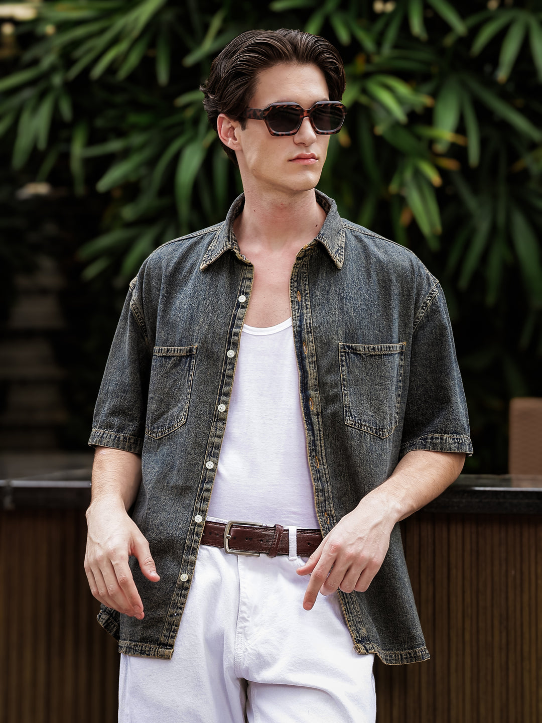 Boxy Fit Denim Shirt | Indigo-Brown