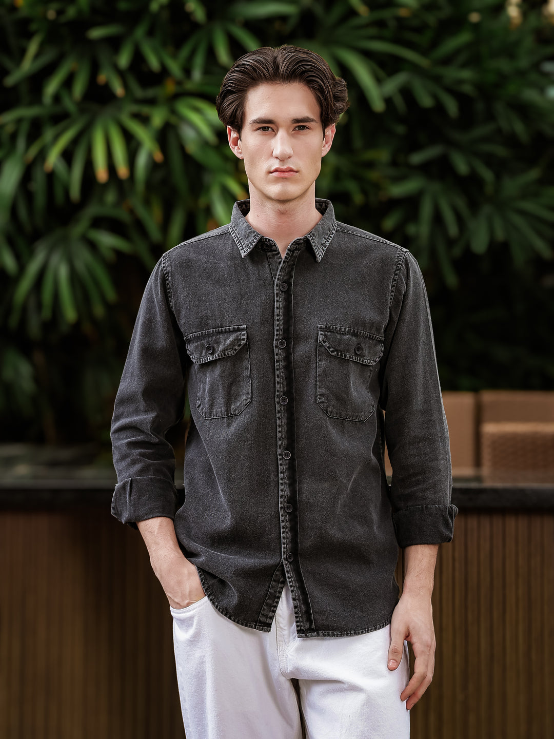 Charcoal Cotton Shirt | Dual Chest Pockets | Regular Fit