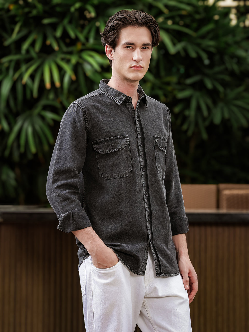 Charcoal Cotton Shirt | Dual Chest Pockets | Regular Fit
