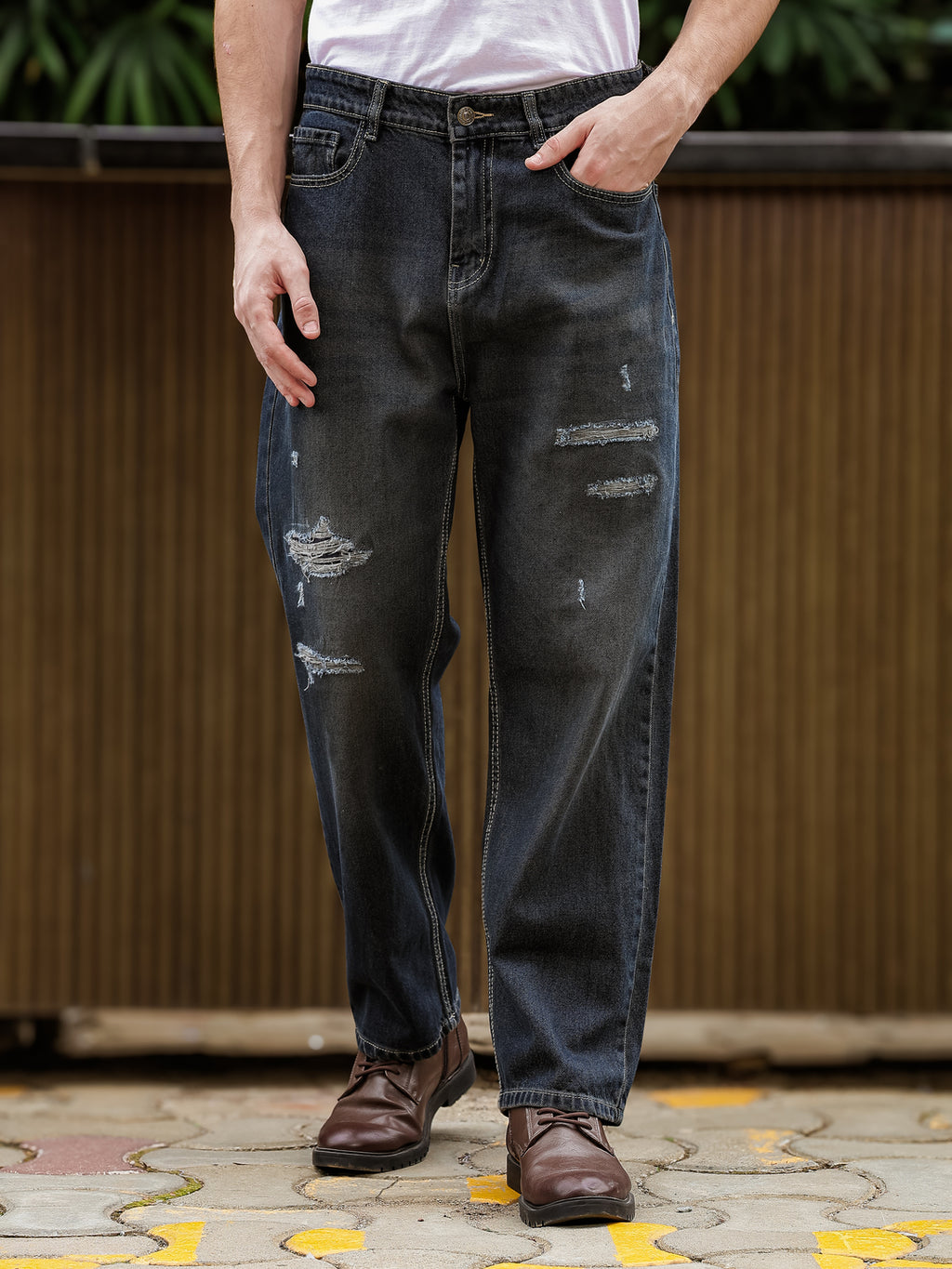Heavy Ripped Indigo-Brown Jeans