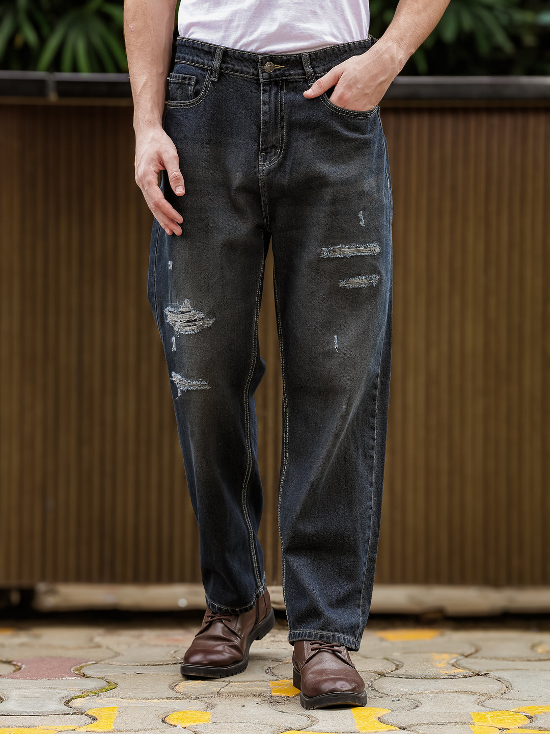 Heavy Ripped Indigo-Brown Jeans