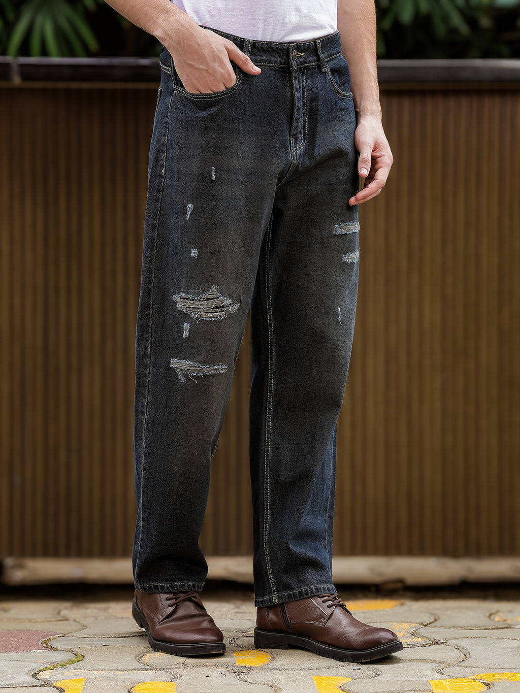 Heavy Ripped Indigo-Brown Jeans