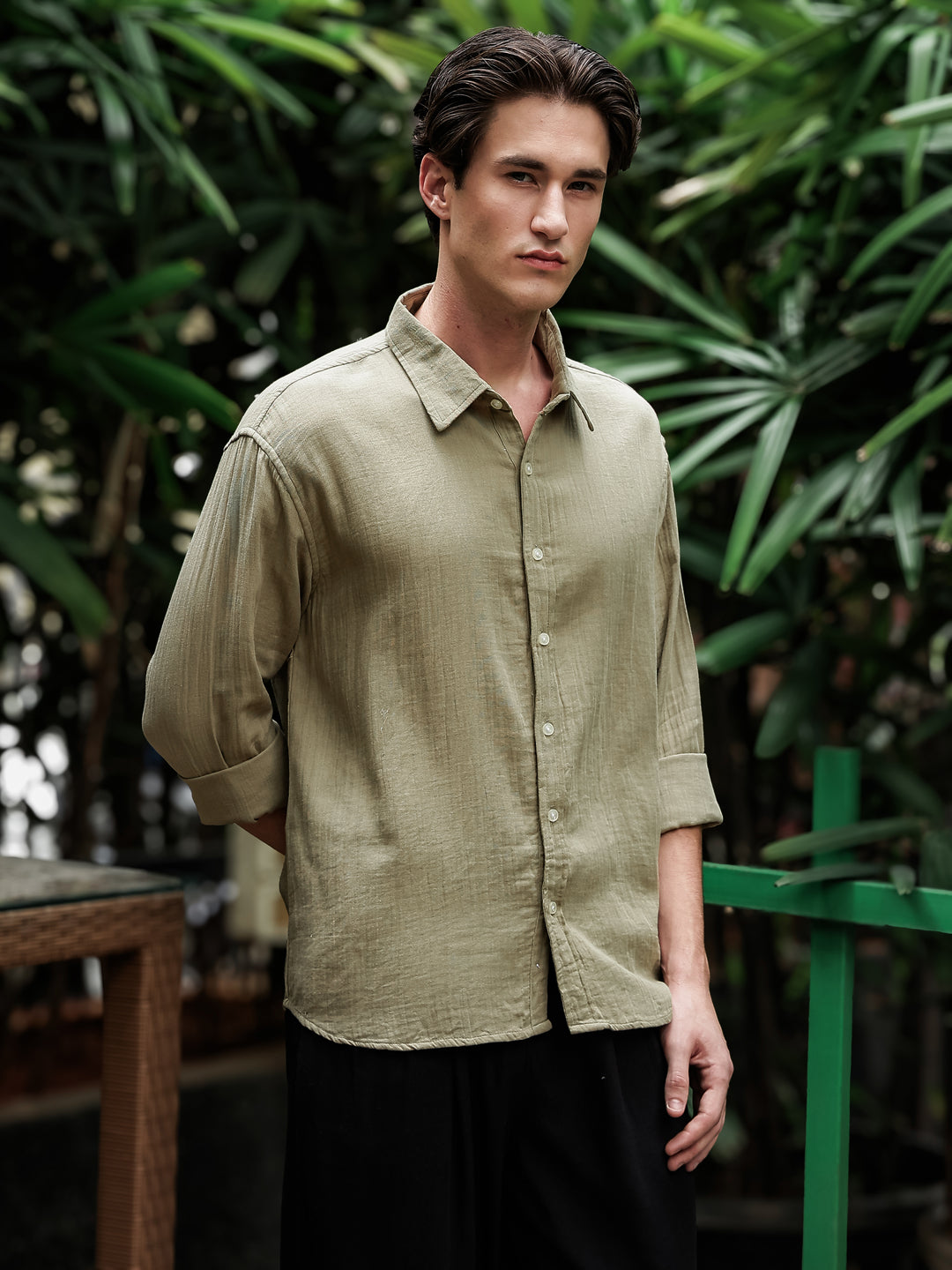 Green Gauze Holiday/Resort Shirt | Relax Fit