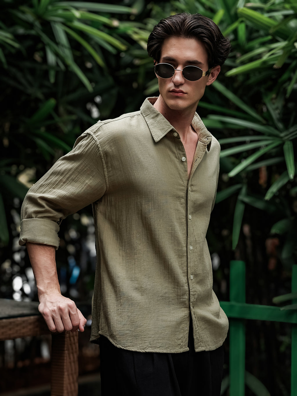 Green Gauze Holiday/Resort Shirt | Relax Fit