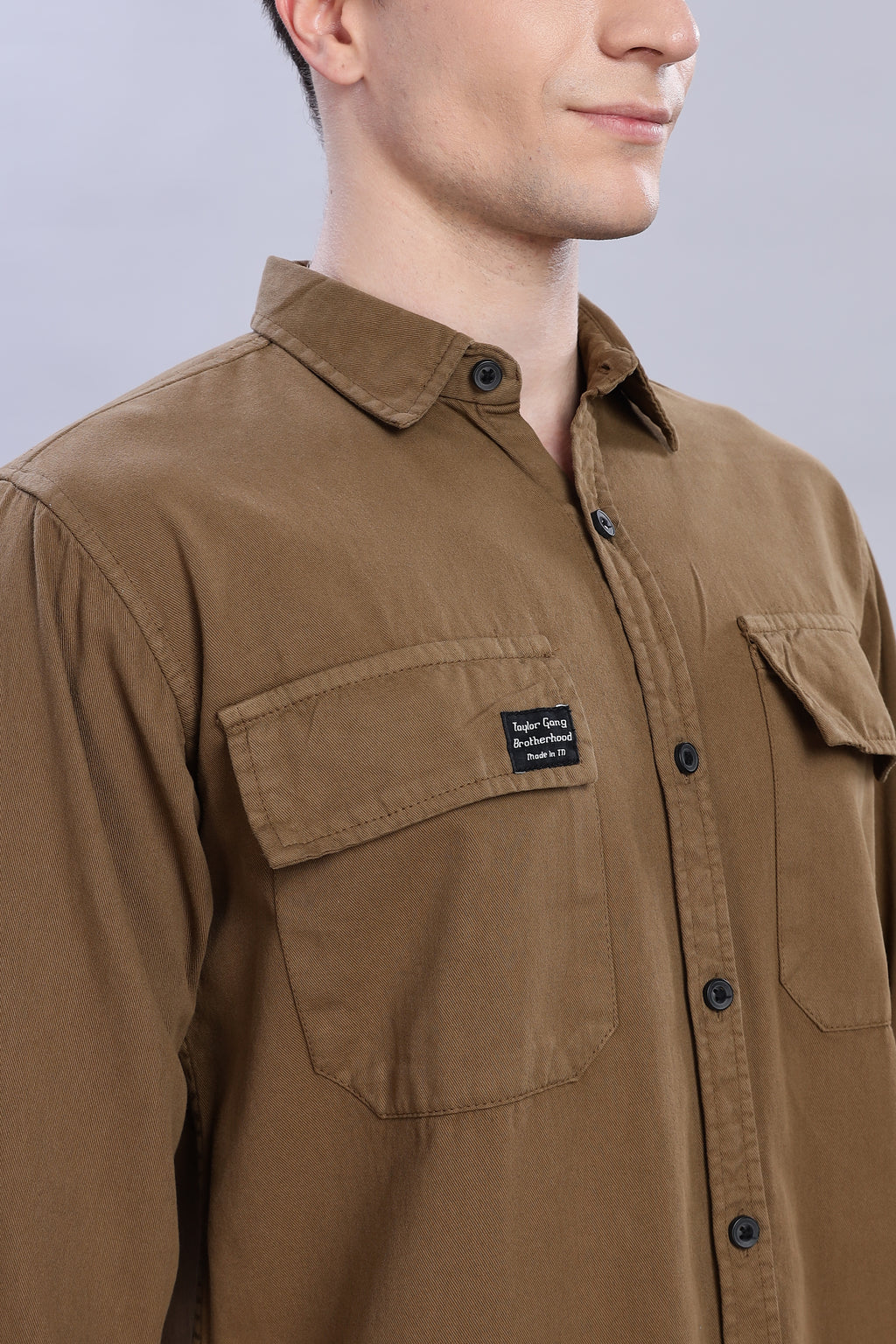 Brown Cotton Shirt | Dual Pocket | Regular Fit