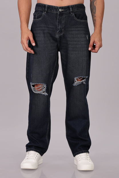 Dark Vintage Blue Ripped Jeans | Baggy Fit