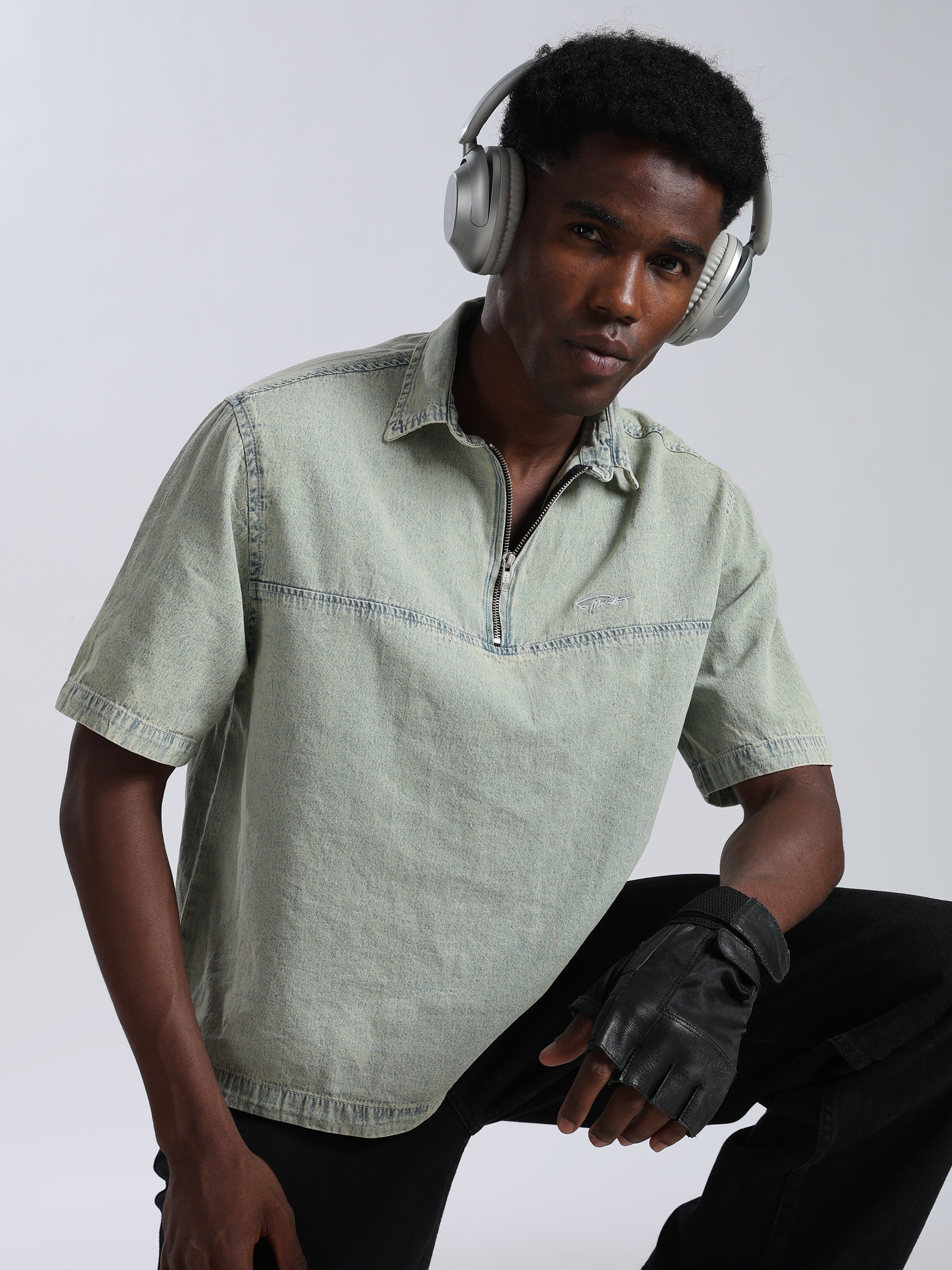 Boxy Fit Zipper Shirt | Vintage Blue