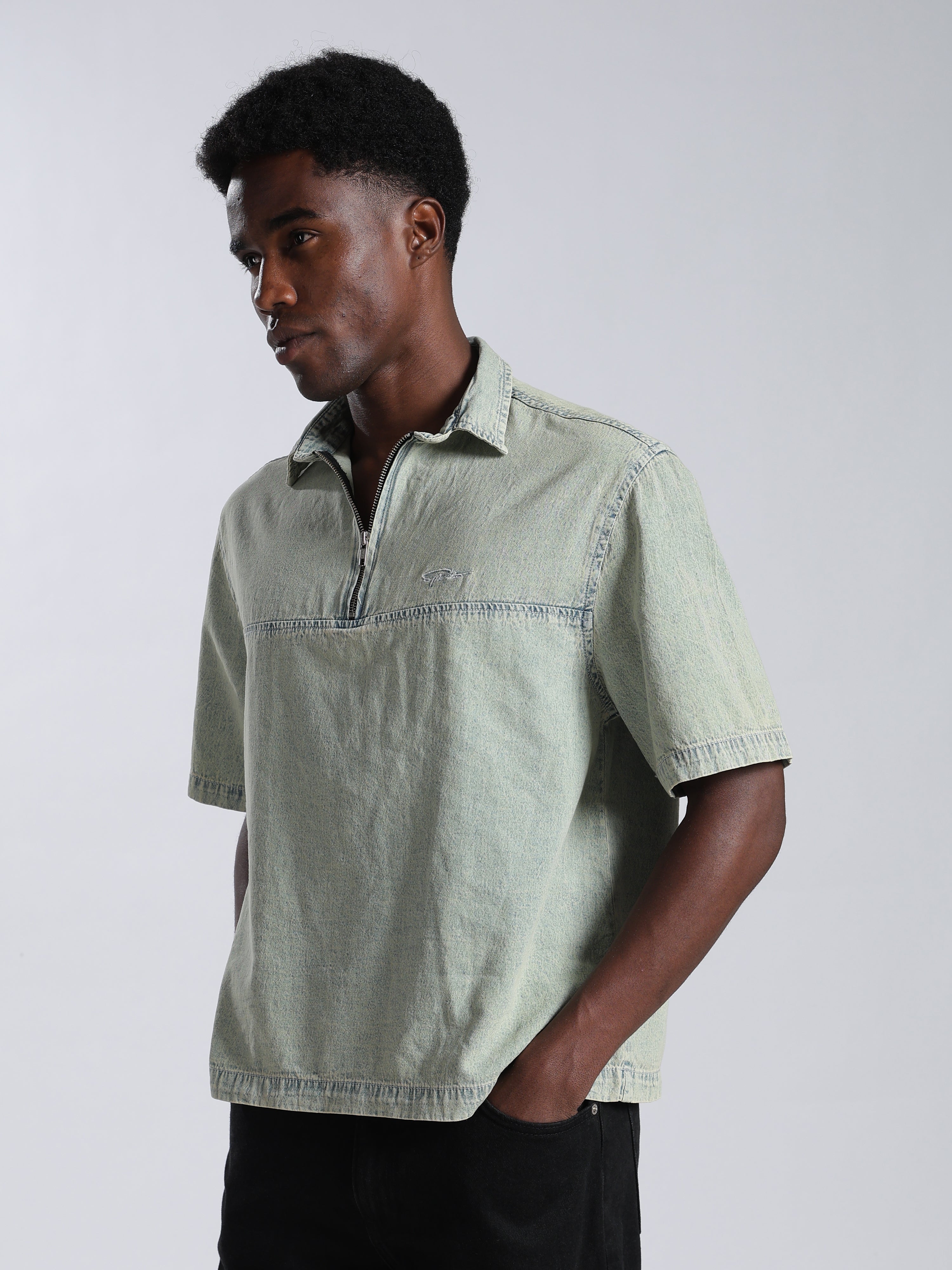 Boxy Fit Zipper Shirt | Vintage Blue