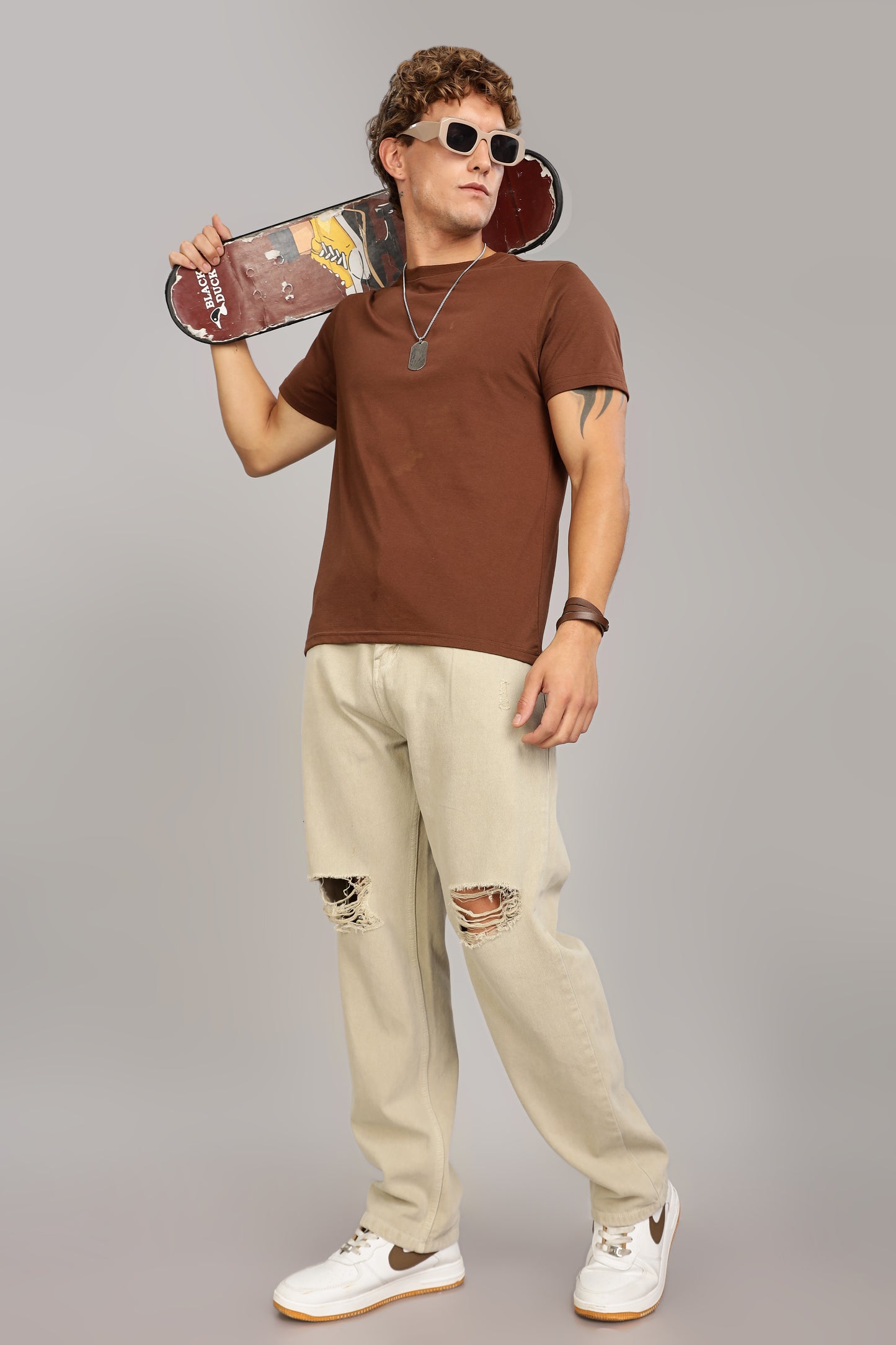 Beige Ripped Jeans | Baggy Fit