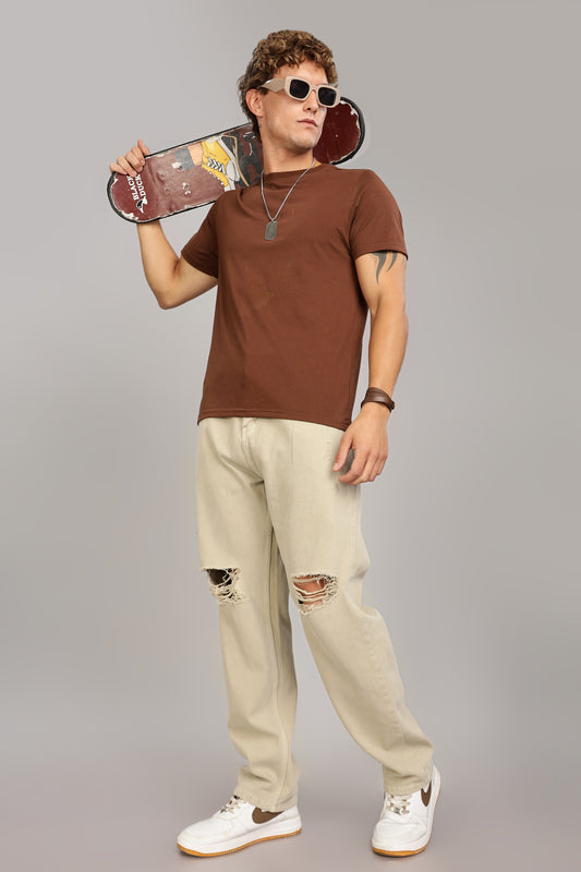 Beige Ripped Jeans | Baggy Fit