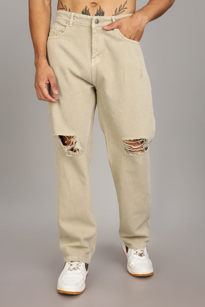 Beige Ripped Jeans | Baggy Fit