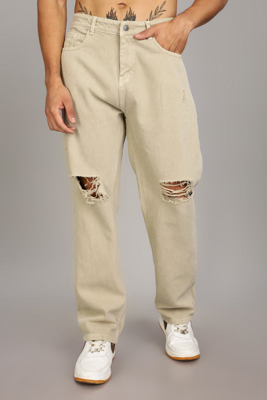 Beige Ripped Jeans | Baggy Fit