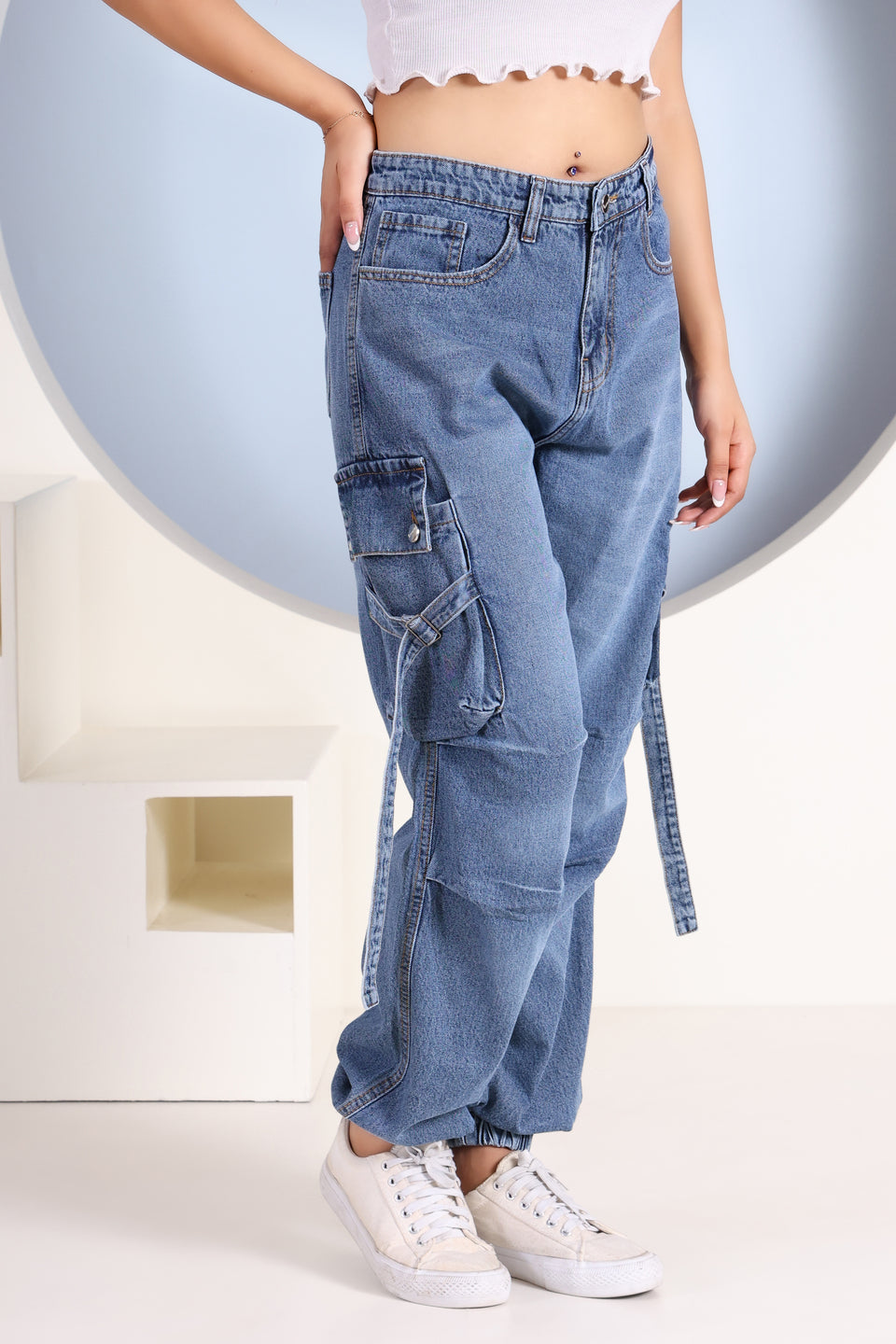 Women’s Blue Denim Cargo Joggers – Utility 6 Pocket Baggy Fit