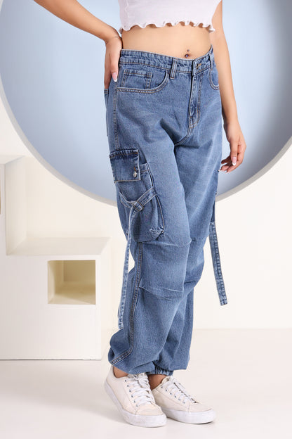 Women’s Blue Denim Cargo Joggers – Utility 6 Pocket Baggy Fit
