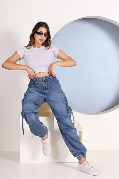 Women’s Blue Denim Cargo Joggers – Utility 6 Pocket Baggy Fit